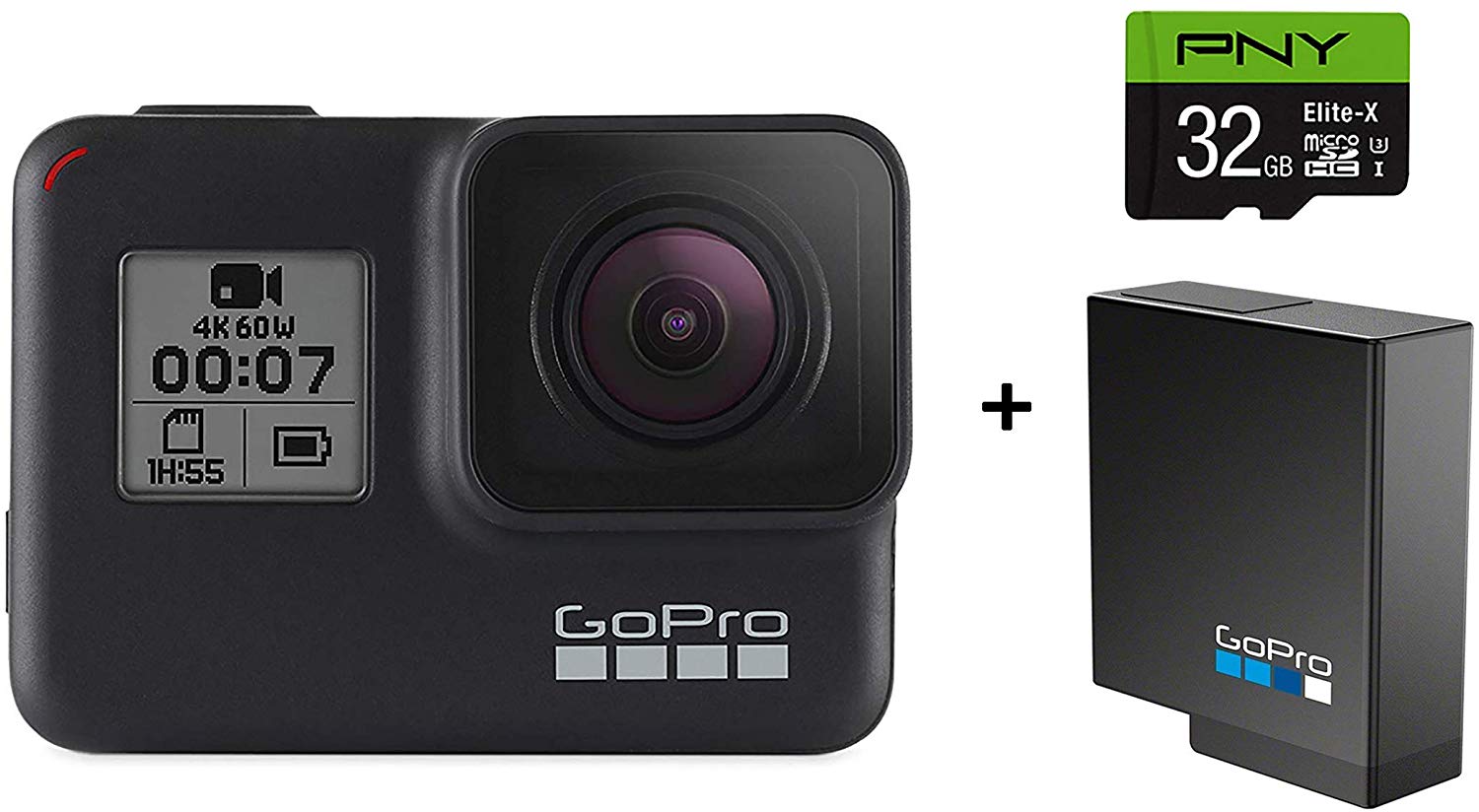 GoPro HERO7 Black Camera + Extra Rechargeable Battery + PNY Elite-X 32GB U3 MicroSDHC Card (Bundle) | Action | Fishing | Spinning | Sport | Gift | Birthday | Christmas | Outdoor