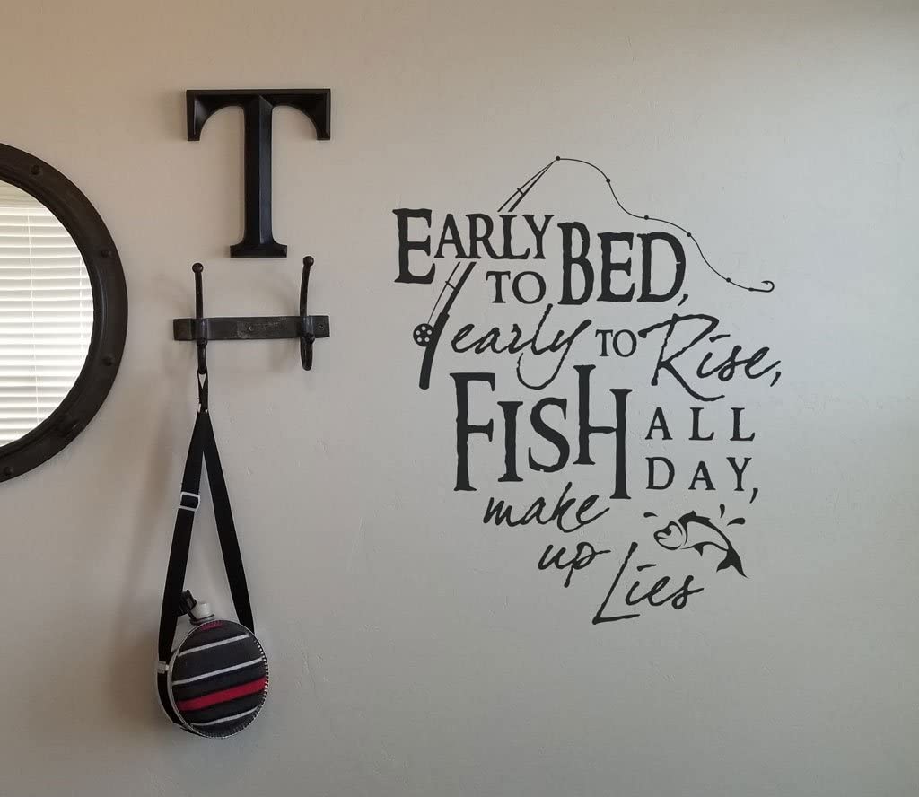 Fisherman Wall Decal Early to Bed Early to Rise Vinyl Wall Lettering Sticker Fishing Wall Decal 32 Inch in Width | Fish | Spinning
